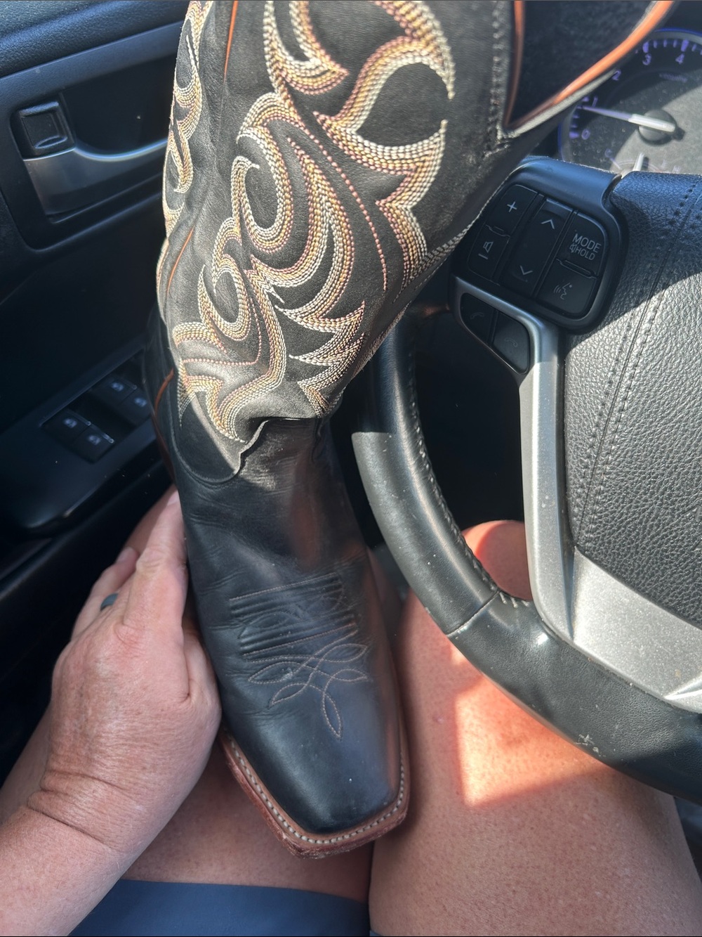 Black Leather Cowboy Boot with Tan Embroidery - Picture 6 of 7
